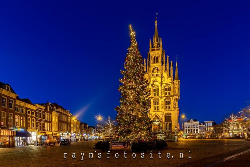 Het stadhuis met de mooie kerstboom in het blauwe uurtje