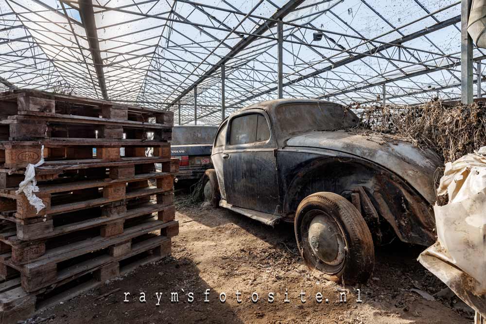 Verlaten auto`s in een kas in België. Een oude Volkswagen.