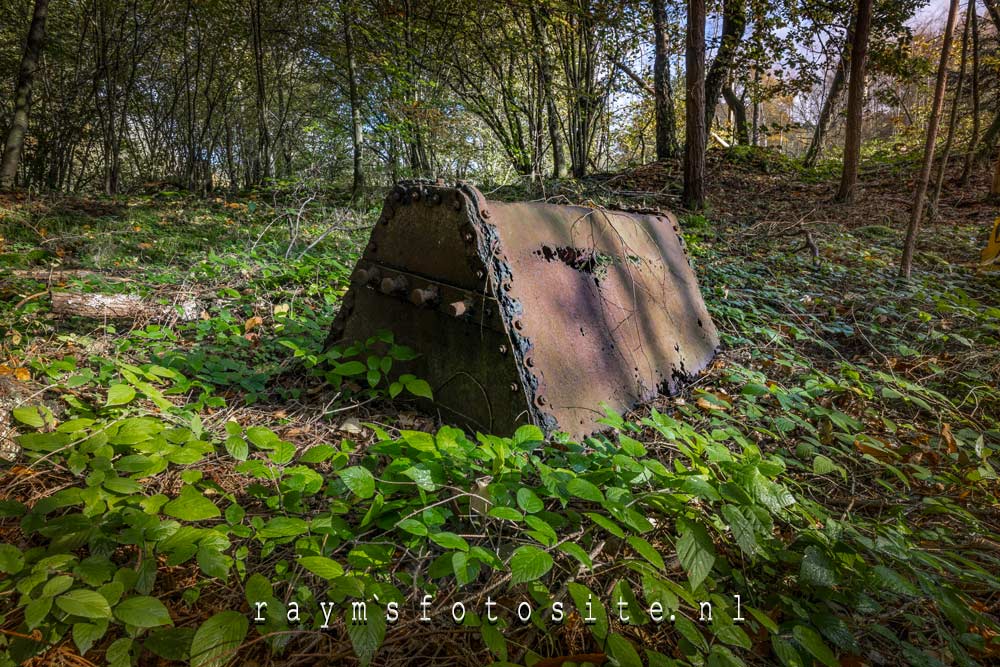 Een oude verroeste mijnkar in het bos.