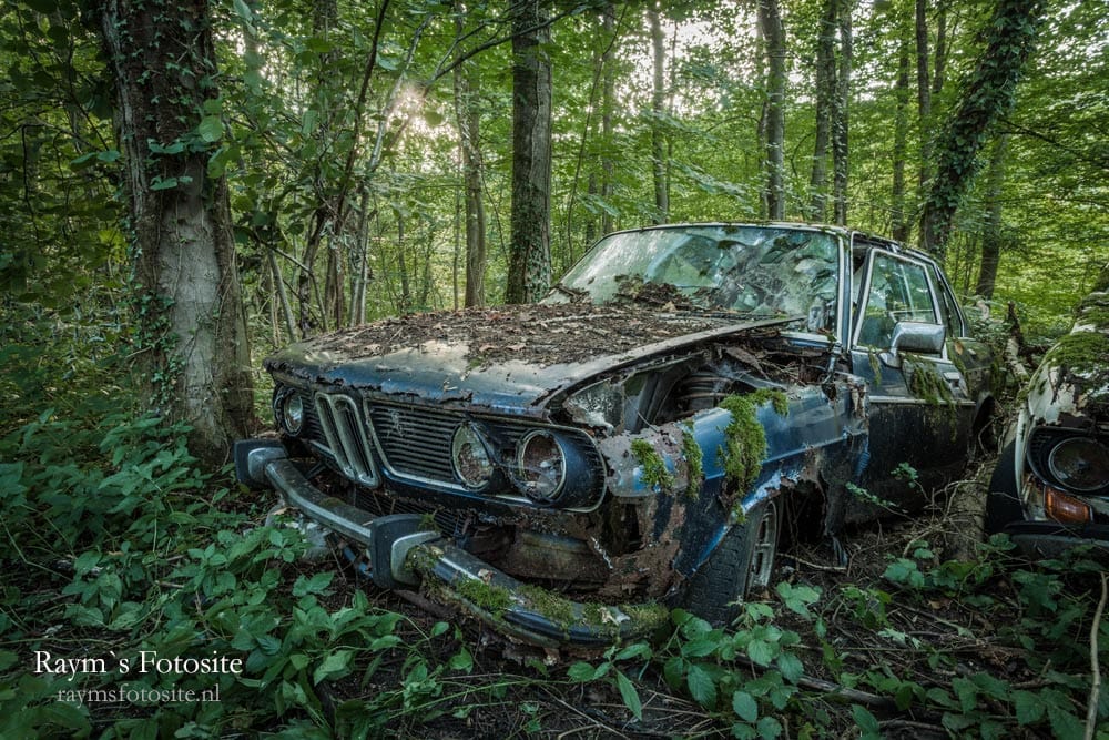 Lost in the Woods 5. Diverse autowrakken van BMW`s staan er op het terrein.