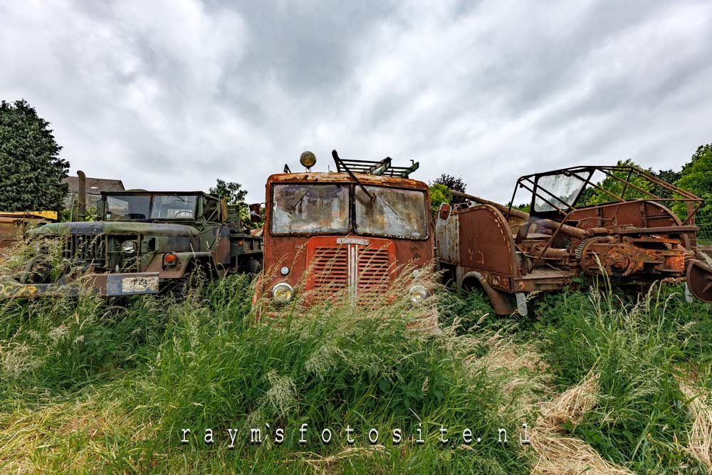 Rusty Giants. Al deze voertuigen zijn al behoorlijk begroeid door de vegetatie.