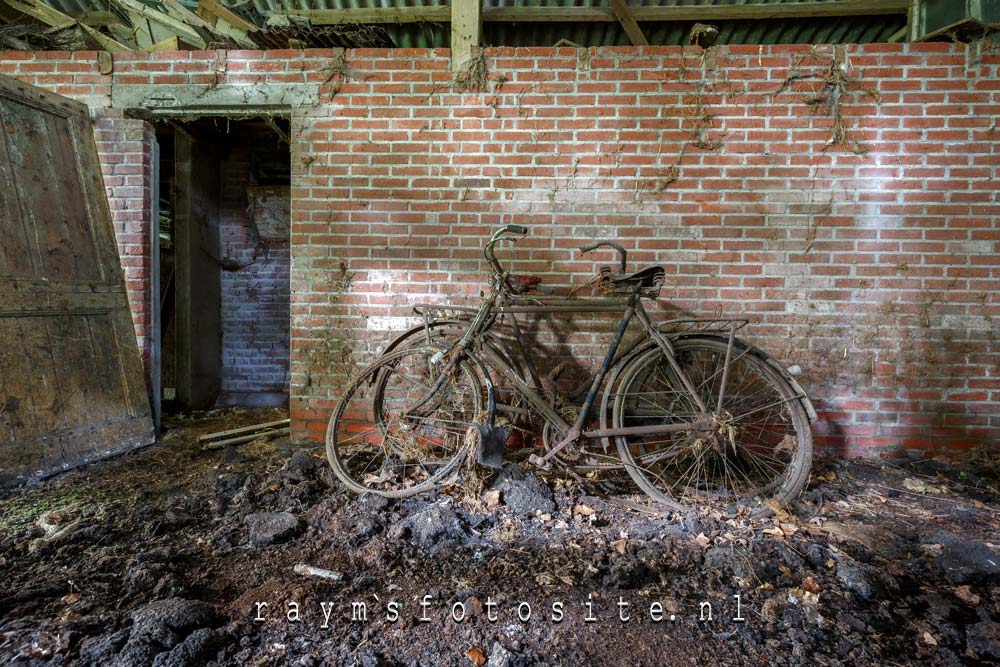 2 oude fietsen in een verlaten schuur.