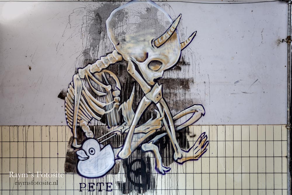 Pete One graffiti 2019 op een urbexlocatie. Gaaf al die graffiti op urbexlocaties. Dit skelet is ook weer erg mooi.